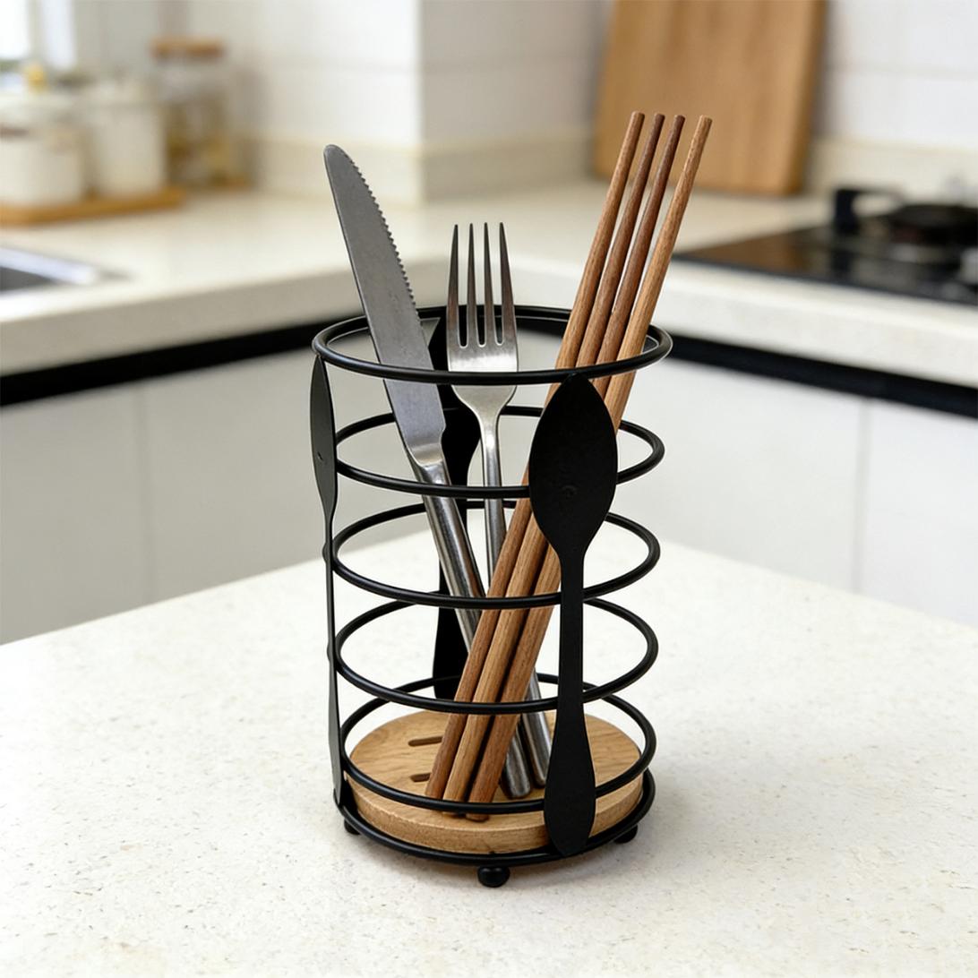 Utensil Holder with Natural Wood Base