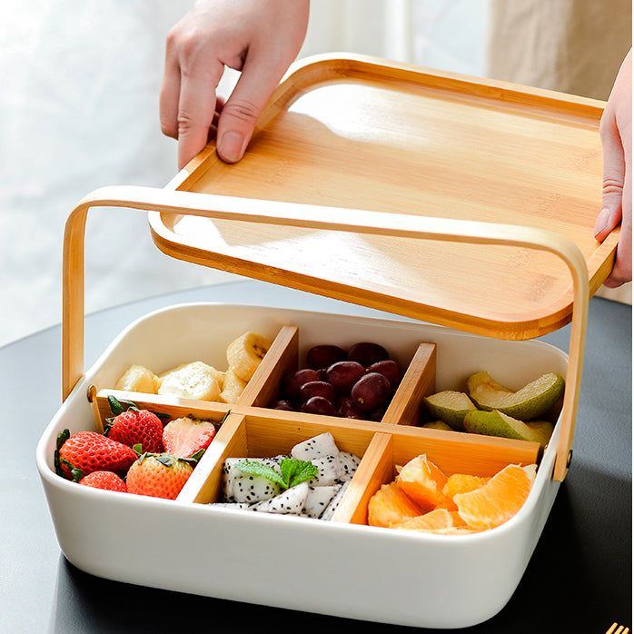 Ceramic Serving Casserole Box with Bamboo Lid and Swing Handle