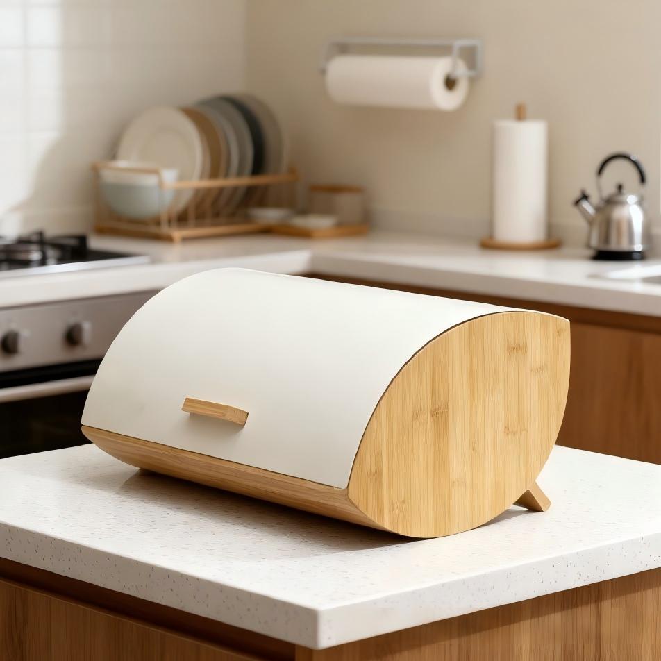 Modern Bamboo Bread Box with Roll-Top Lid – Large Kitchen Bread Storage Container