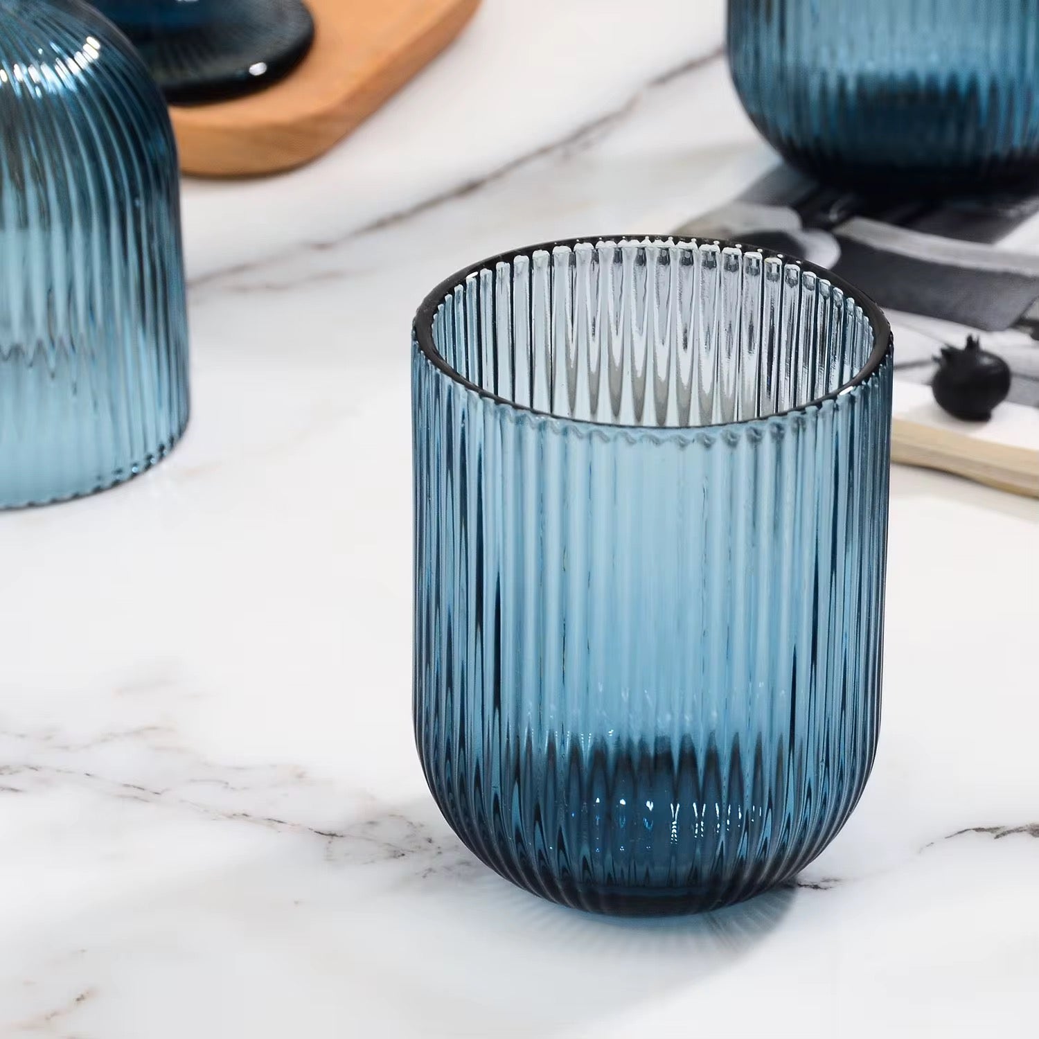Set of 6 - 270ml Ribbed Blue Glass Tumbler – Minimalist Fluted Drinking Glass for Water, Juice, and Cocktails