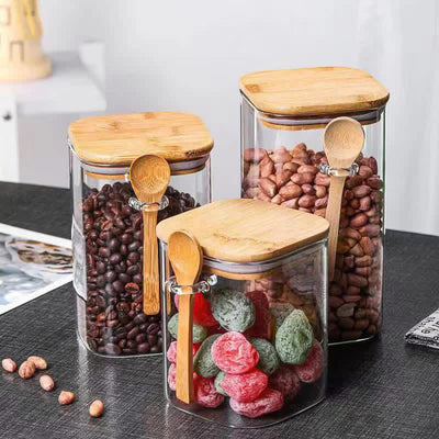 Glass Storage Jar Set with Bamboo Lid & Spoon – Airtight Kitchen Container for Coffee, Beans, Candy & Snack