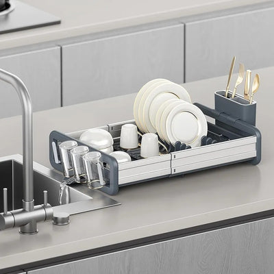 Expandable Dish Drying Rack with Integrated Cutlery Caddy