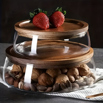 Elegant 2-Tier Stackable Glass Serving Bowls with Acacia Wood Lids