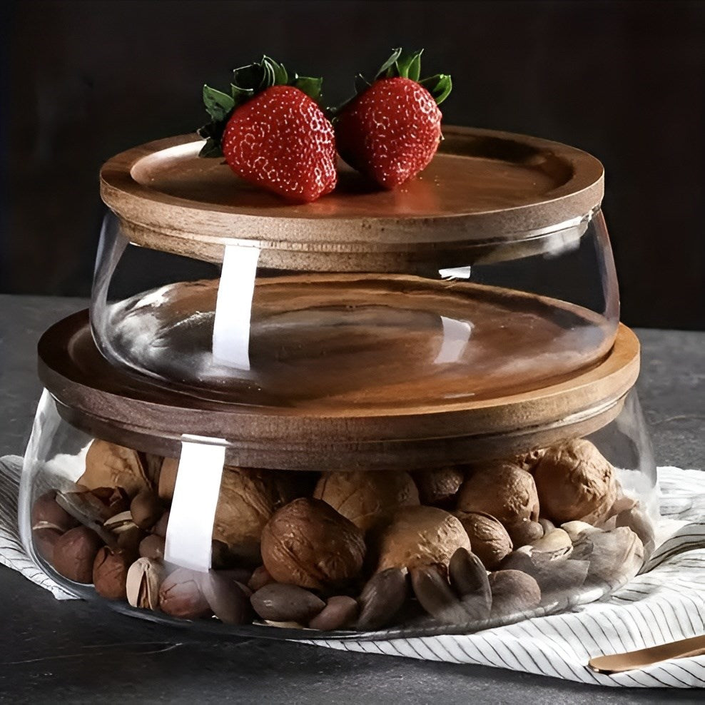 Elegant 2-Tier Stackable Glass Serving Bowls with Acacia Wood Lids