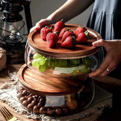 Elegant 2-Tier Stackable Glass Serving Bowls with Acacia Wood Lids