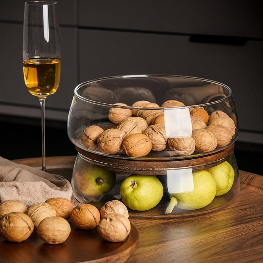 Elegant 2-Tier Stackable Glass Serving Bowls with Acacia Wood Lids