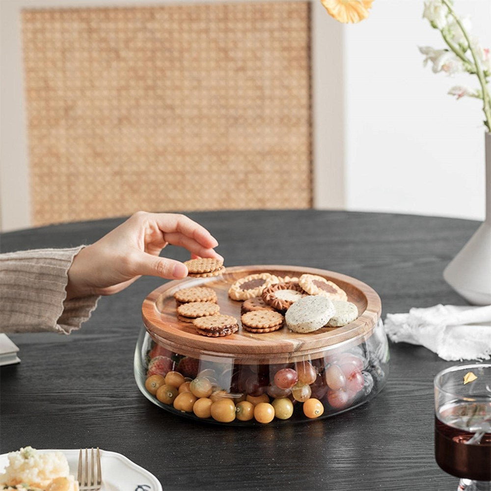 Elegant 2-Tier Stackable Glass Serving Bowls with Acacia Wood Lids