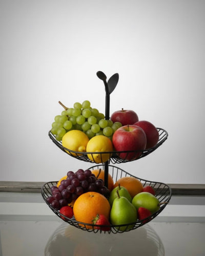 Two-Tier Wire Fruit Basket Stand with Leaf Handle