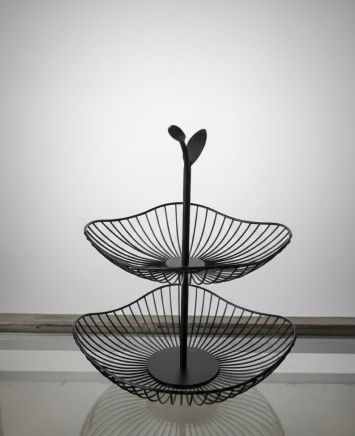Two-Tier Wire Fruit Basket Stand with Leaf Handle