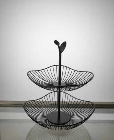 Two-Tier Wire Fruit Basket Stand with Leaf Handle