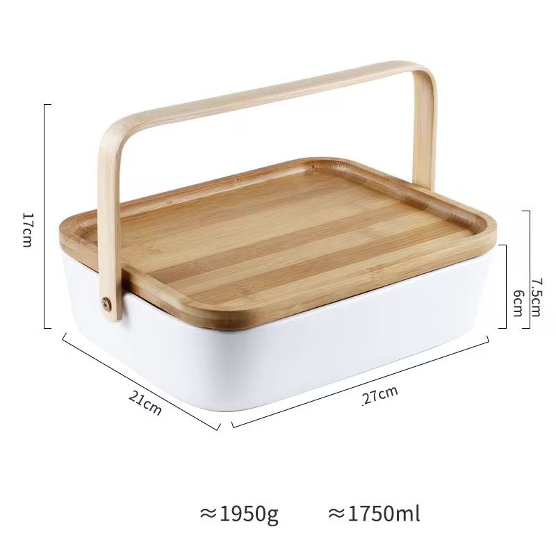 Ceramic Serving Casserole Box with Bamboo Lid and Swing Handle