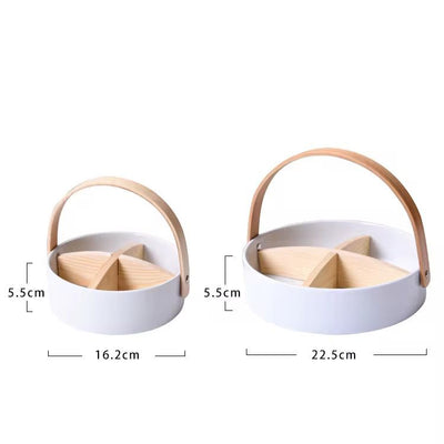 Ceramic Divided Serving Basket with Arched Wooden Handle and Lid-Available in 2 sizes