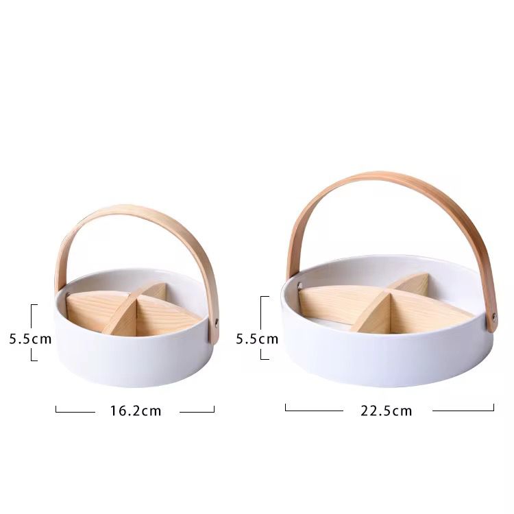 Ceramic Divided Serving Basket with Arched Wooden Handle and Lid-Available in 2 sizes