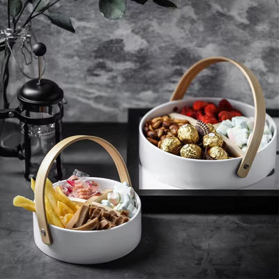 Ceramic Divided Serving Basket with Arched Wooden Handle and Lid-Available in 2 sizes