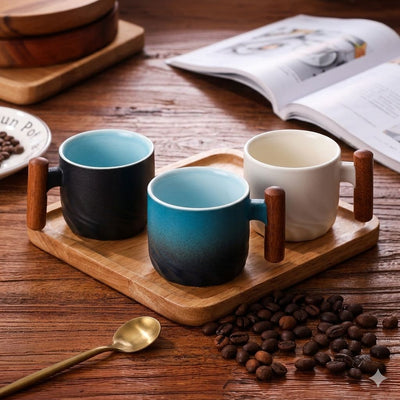 6 Pieces 80ML Ceramic Gradient Latte Coffee Cup Wooden Handle