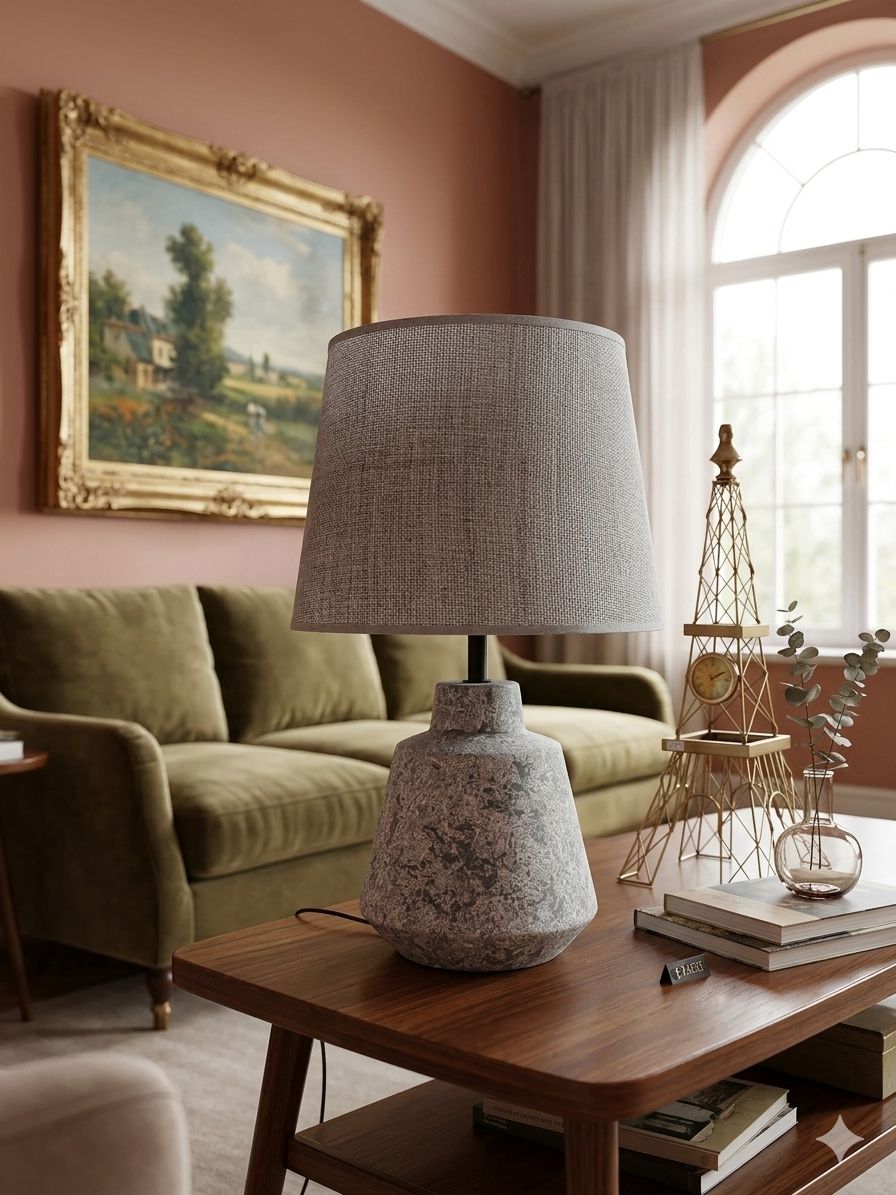 Modern Rustic Stone Base Table Lamp with Fabric Shade