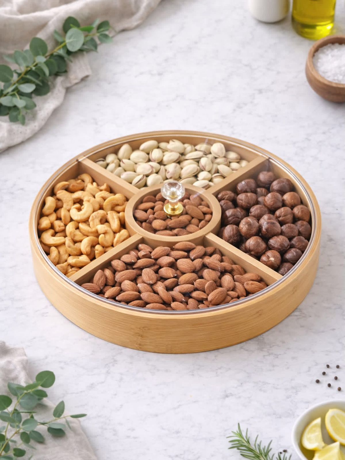 Rotating Wooden Snack Serving Tray with 5 Compartments