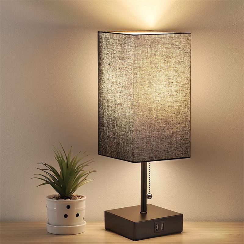 Modern Bedside Table Lamp with Dual USB Ports and Gray Linen Shade