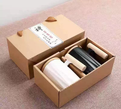 Modern Ceramic 350ml Mug Set with Wooden Lid & Handle – Gift Box Edition
