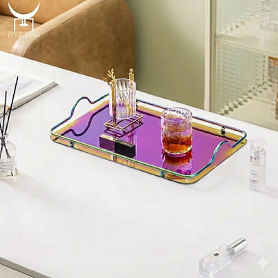 Rectangle Iridescent Beaded Stainless Steel Serving Tray with Handles-Big Size