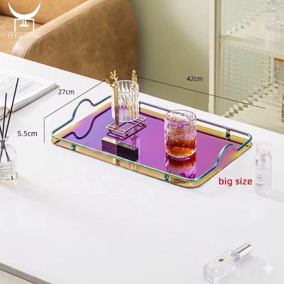Rectangle Iridescent Beaded Stainless Steel Serving Tray with Handles-Big Size