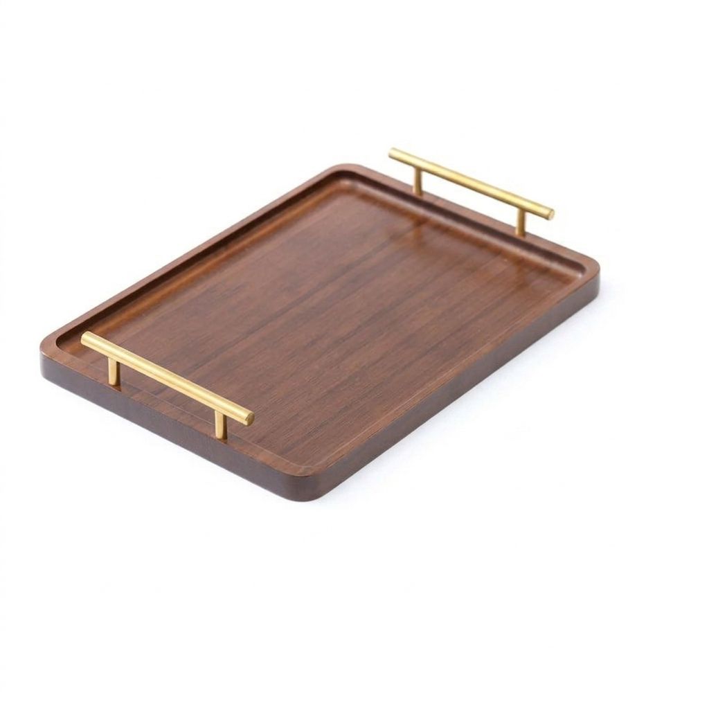 30cm Walnut Serving Tray with Brass Handles