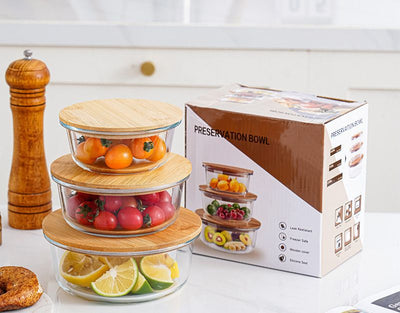 Set of 3 Pieces round Glass Food Storage Containers with Bamboo Lid