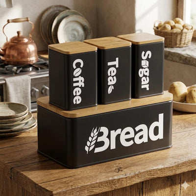 stainless-steel canisters with bamboo lid for bread, coffee, tea & sugar