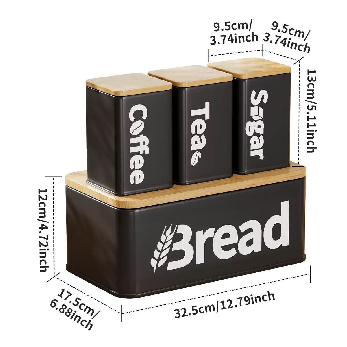 stainless-steel canisters with bamboo lid for bread, coffee, tea & sugar