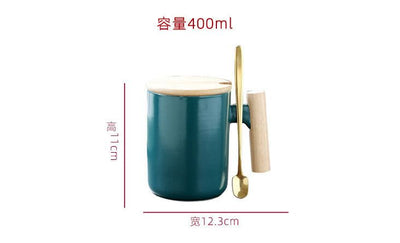 400ML Blue Modern Ceramic Coffee Mug with Wooden Handle LID AND SPOON