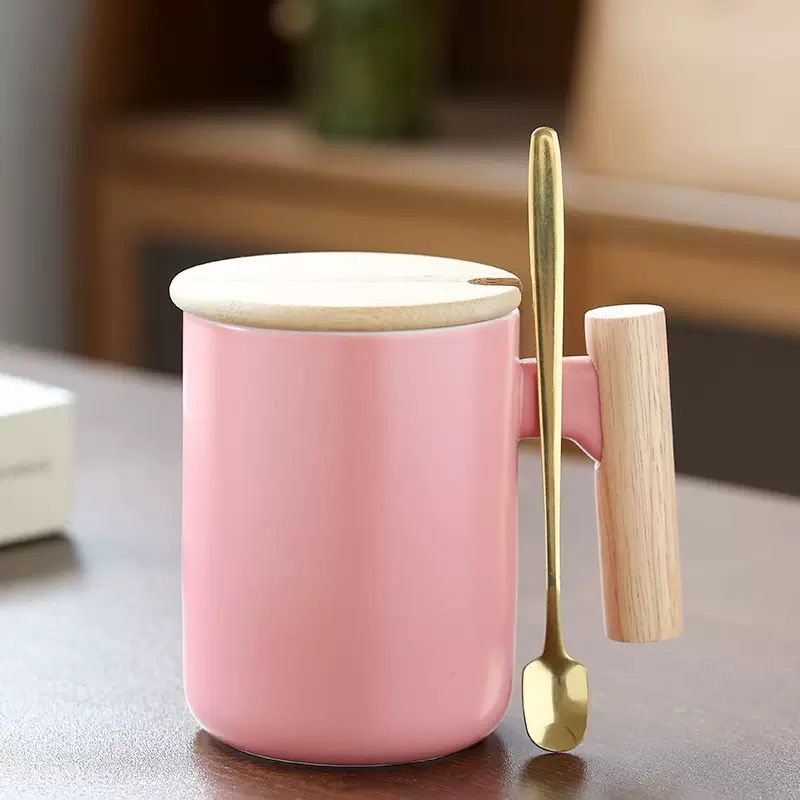 400ML Pink Modern Ceramic Coffee Mug with Wooden Handle Lid and Spoon