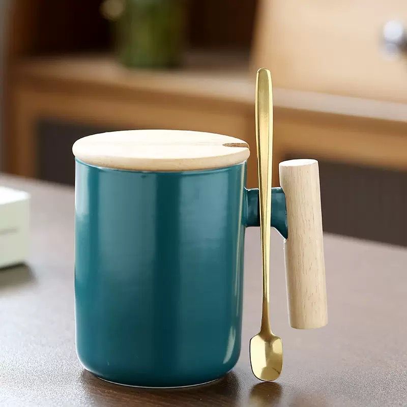 400ML Blue Modern Ceramic Coffee Mug with Wooden Handle LID AND SPOON