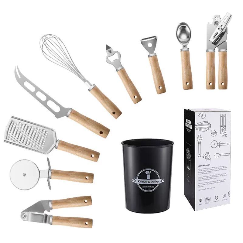 9-Piece Stainless Steel Kitchen Utensil Set with Wooden Handles & Storage Holder