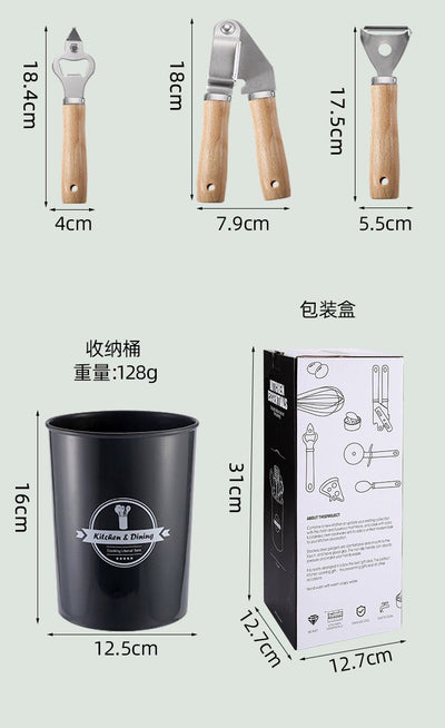 9-Piece Stainless Steel Kitchen Utensil Set with Wooden Handles & Storage Holder