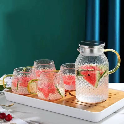 Hammered Glass Pitcher and Cup Set with Gold-Tone Accents