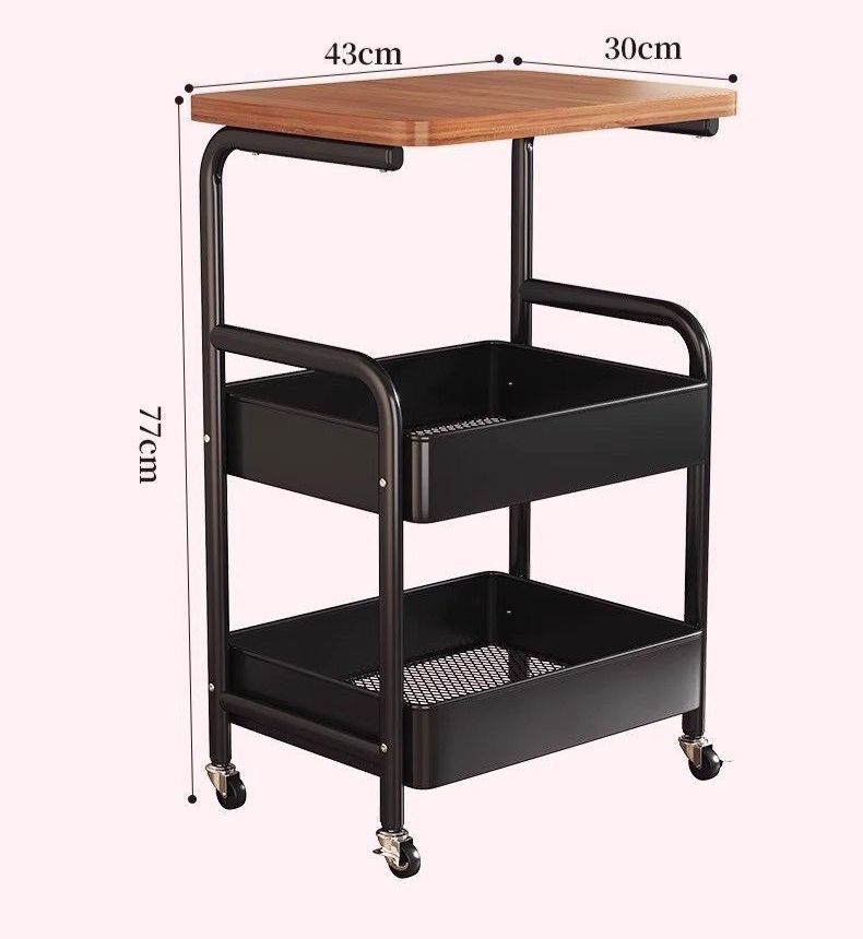 3-Tier Mobile Utility Cart with Wooden Tabletop