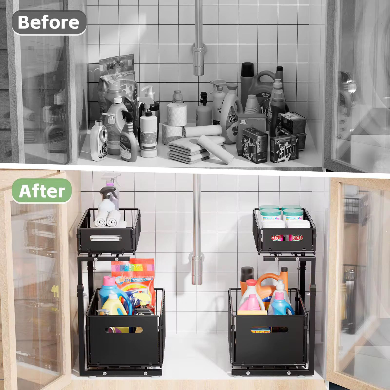 Premium 2-Tier Lifting and Folding Pull-Out Under-Cabinet Organizer