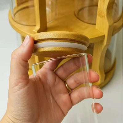 360° Rotatable Bamboo Spice Carousel with 10 Glass Jars