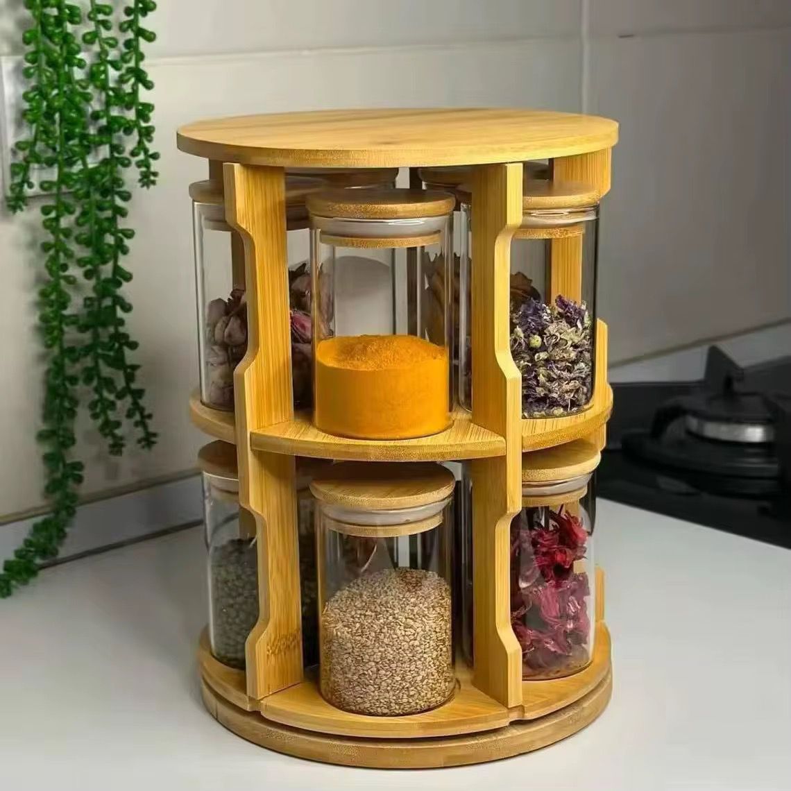 360° Rotatable Bamboo Spice Carousel with 10 Glass Jars
