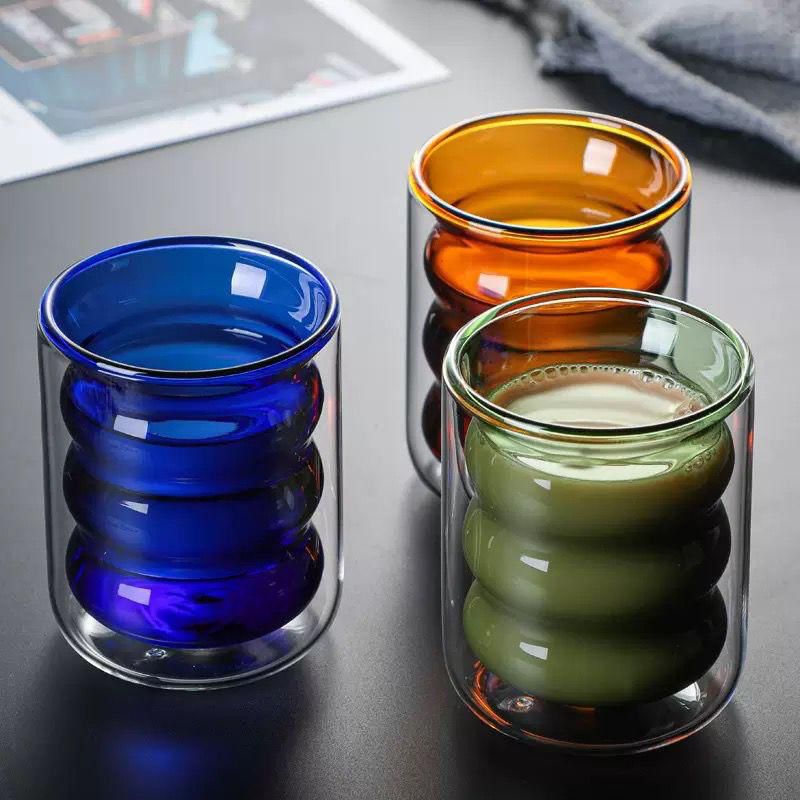 Ribbed Glass Double-Walled Heat-Resistant Borosilicate Glass Cup – Ideal for Hot Coffee, Tea