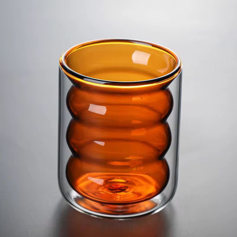 Ribbed Glass Double-Walled Heat-Resistant Borosilicate Glass Cup – Ideal for Hot Coffee, Tea