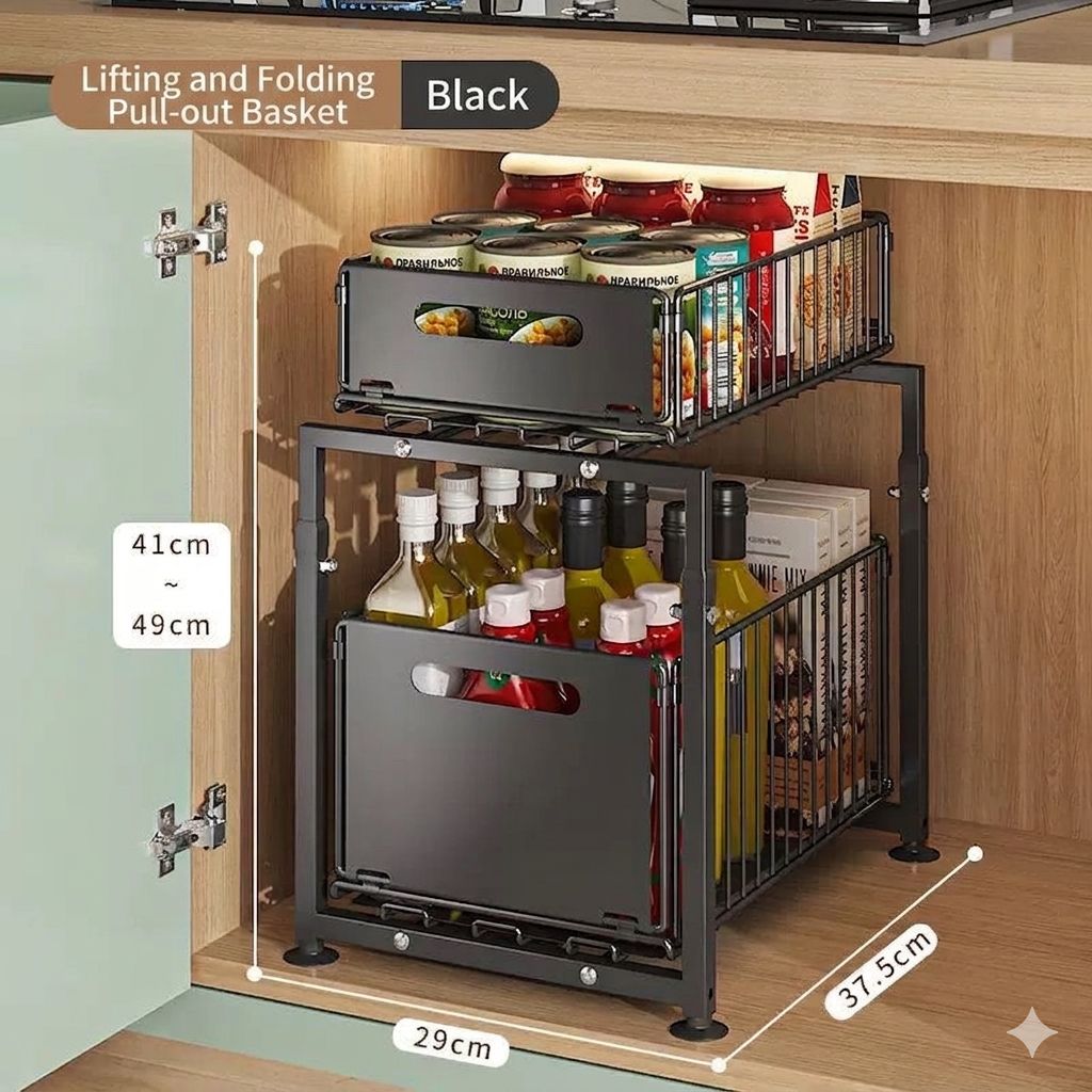 Premium 2-Tier Lifting and Folding Pull-Out Under-Cabinet Organizer