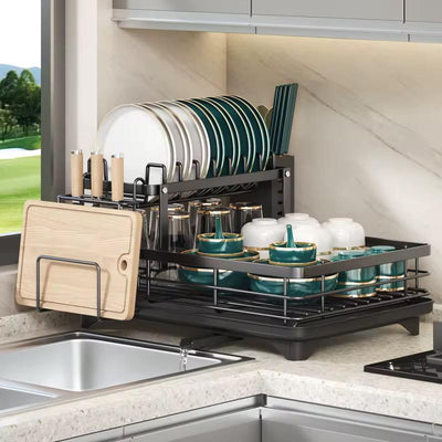 Modern 2-Tier Space-Saving Dish Drying Rack with Swivel Drainage System