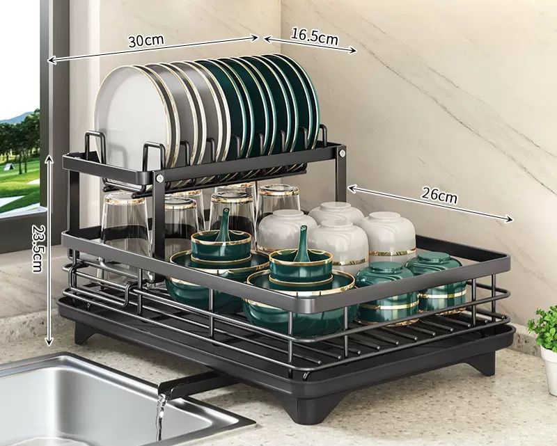 Modern 2-Tier Space-Saving Dish Drying Rack with Swivel Drainage System