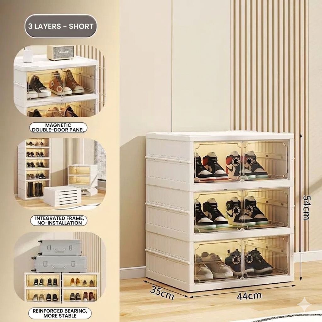 3-Layer Foldable Shoe Storage Cabinet with Transparent Magnetic Doors