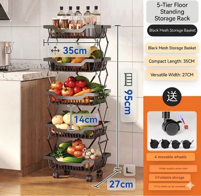 5-Tier Foldable Floor-Standing Mobile Storage Rack