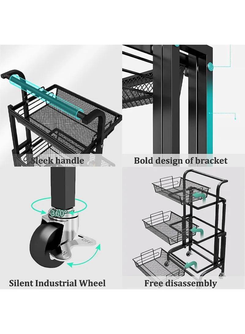 3-Tier Rotating Rolling Storage Cart – 90° / 135° / 180° Adjustable
