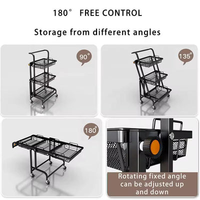 3-Tier Rotating Rolling Storage Cart – 90° / 135° / 180° Adjustable