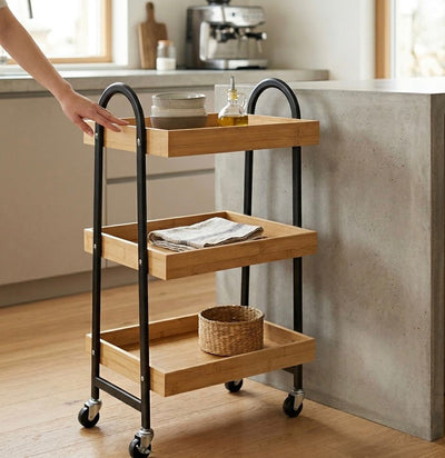 3-Tier Bamboo & Steel Mobile Utility Cart