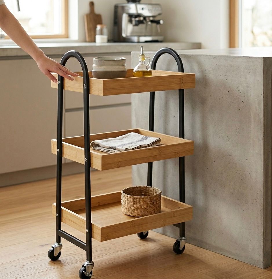 3-Tier Bamboo & Steel Mobile Utility Cart